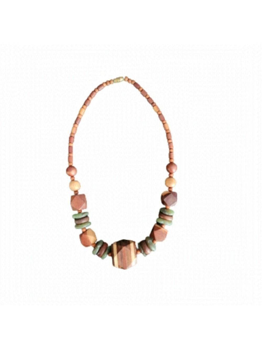 Chunky beaded geometric hand craft Wooden necklace brown green